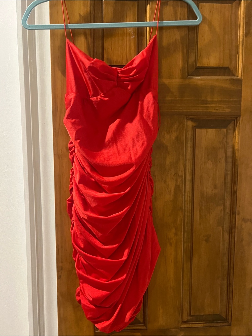 Red Ruched Spaghetti Strap Dress - Picture 2 of 3
